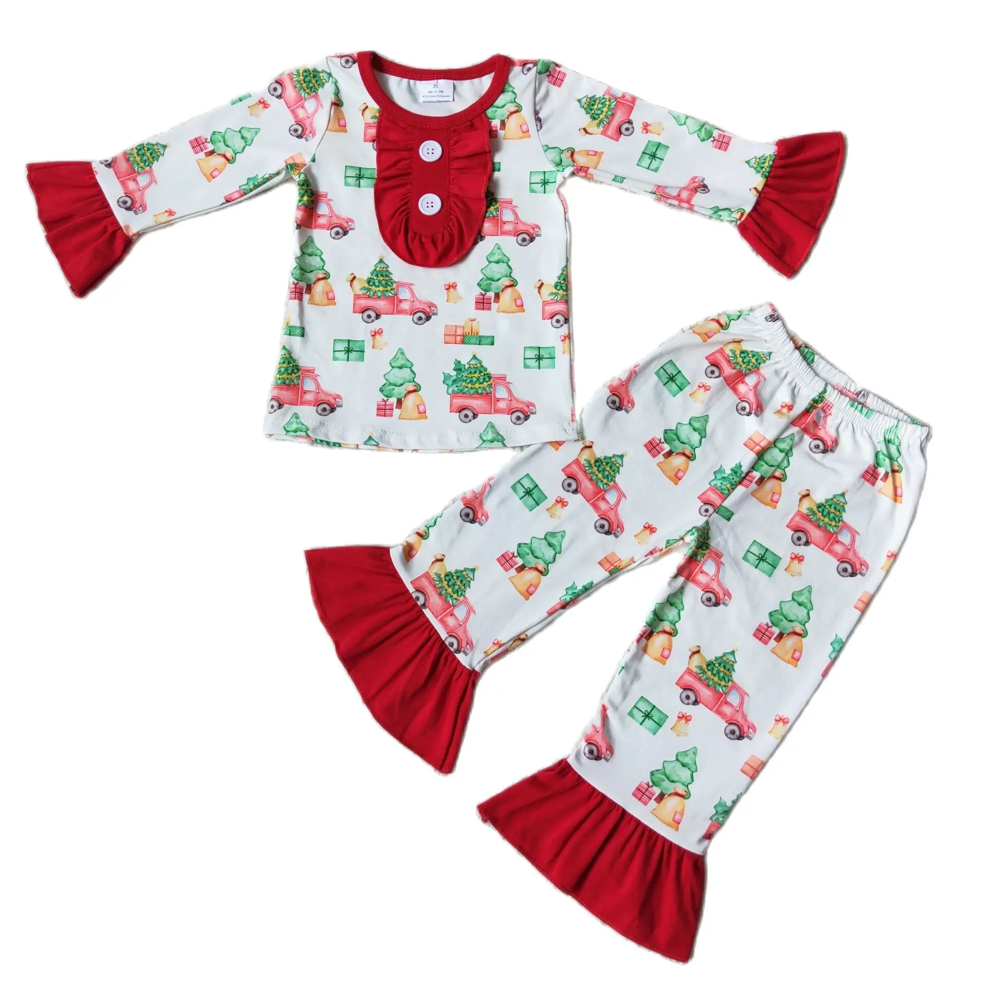 

Girls Christmas Tree Truck Button Lace Cuff Pajama Set