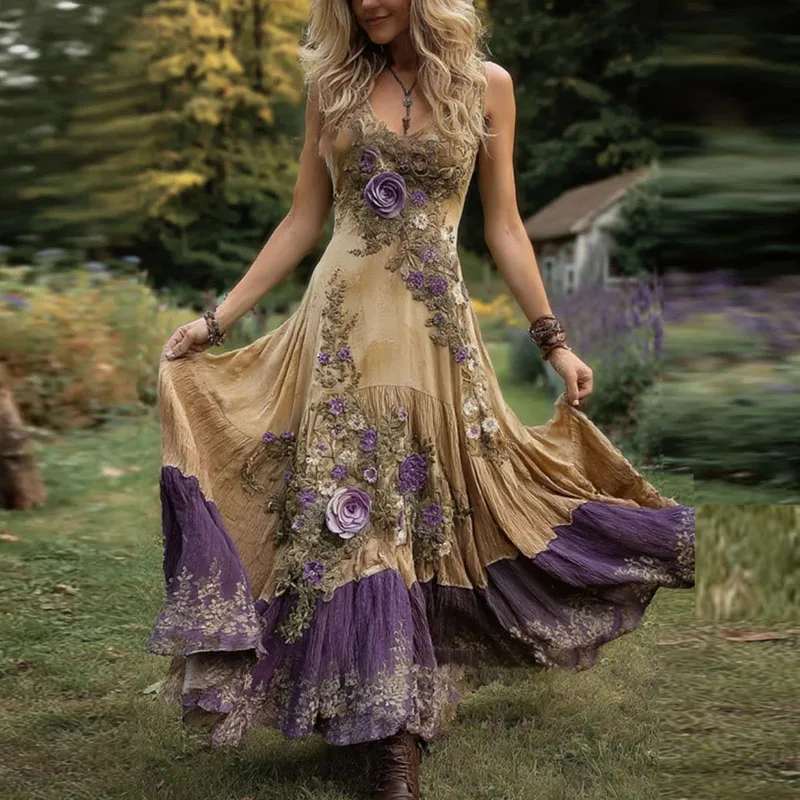 Sexy Hohl Tiefem V-ausschnitt Böhmischen Urlaub Kleid Frühling Retro Blume Drucken Swing Frau Kleider Sommer Ärmellose Strap Maxi Kleid