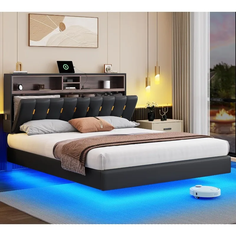 

Queen Size Floating Bed Frame,Upholstered Platform Bed with RGB LED Lighting, USB Charging and Headboard Storage