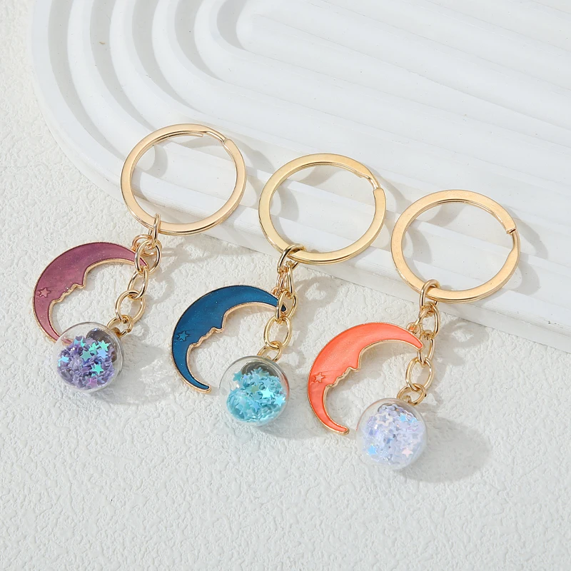 Cute Enamel Keychains Three Colors Moon Glass Ball Star Key Rings For Women Men Good Friendship Gift Handmade Diy Jewelry