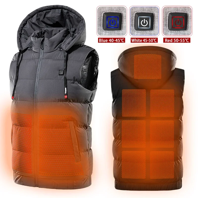 Winter Electric Heated Hooded Vest Thermal Waterproof Jacket USB Charging Vest Adjustabe Heating Warmer Pad Hiking Warm Jacket