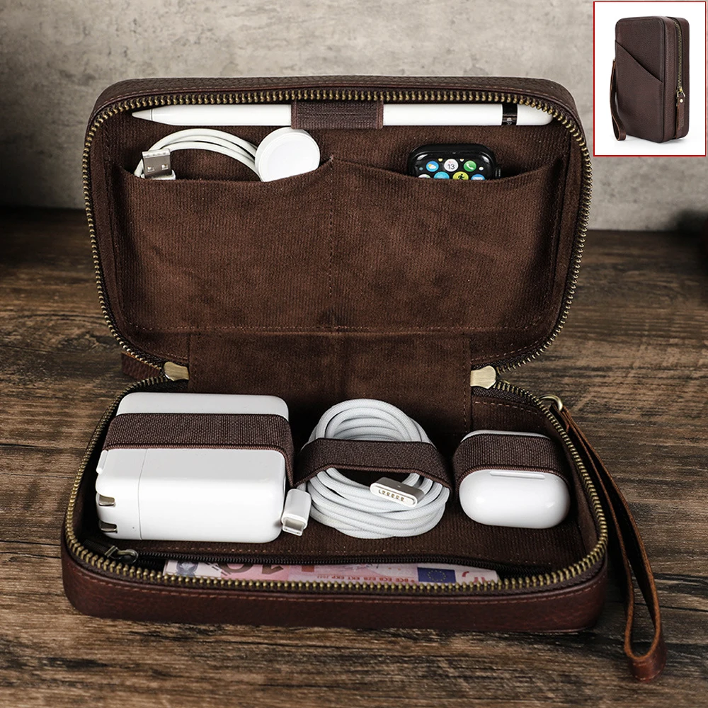 Portable Shockproof Leather Storage Box for Apple Data Cable Capacitive Pen Handmade Zipper Pouch for Small Phone Accessories