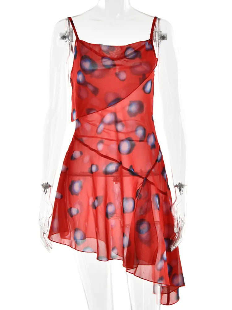 Articat Sexy Low-cut Strap Printed Mini Dress For Women Beach Hot Girl Ruffle Slit Mini Dress Holiday 2026 New Summer Vestidos - view 5