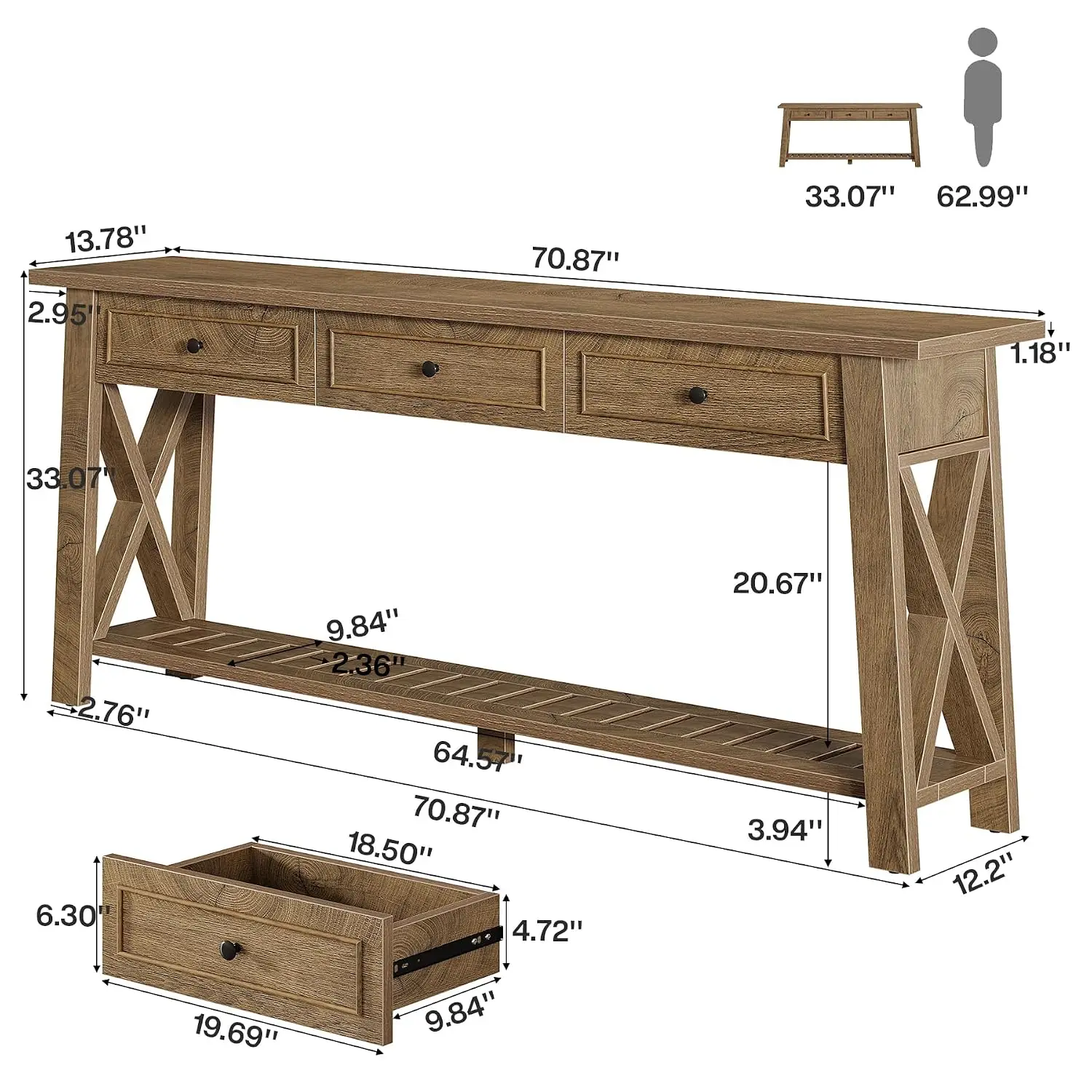 Extra Long Wooden Console Table with 3 Drawers & Bottom Shelf for Entryway Hallway Living Room, 70.87 Inches, Customized