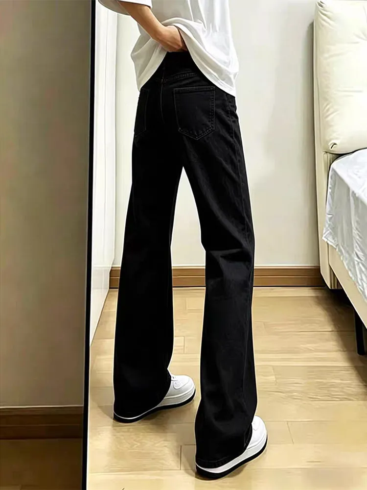 Calça Jeans Preta Boca de Sino Slim Fit de Cintura Alta Estilo Americano Verão Vibe High Street Resistente ao Desgaste em Mis...