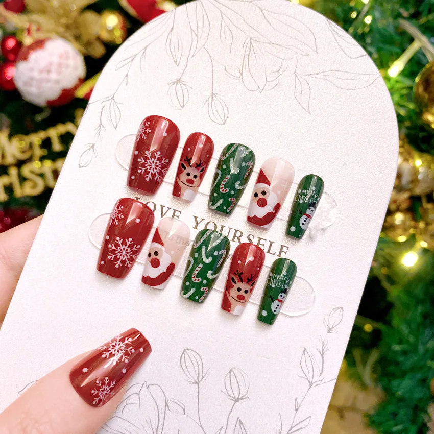 Uñas postizas de dibujos animados de Navidad, uñas postizas de antílope de Navidad, lindo Año Nuevo, invierno, cálido, burgundy, nuevo