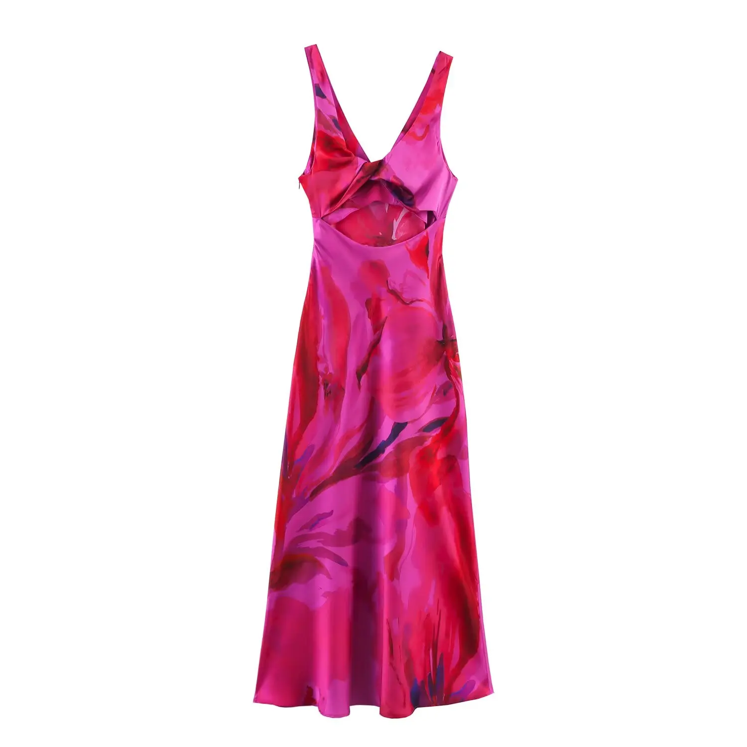  Summer new women's fashionable temperament printed V-neck silk satin texture MIDI dress