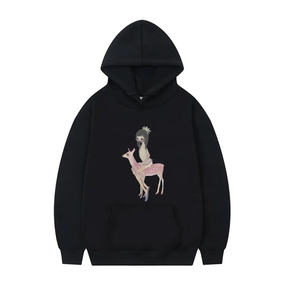 Yoshitomo Nara Aya Takano Grunge Girl Riding Pink Deer Art Baby Graphic Hoodie Funny Men Women's Cartoon Oversized Sweatshirt