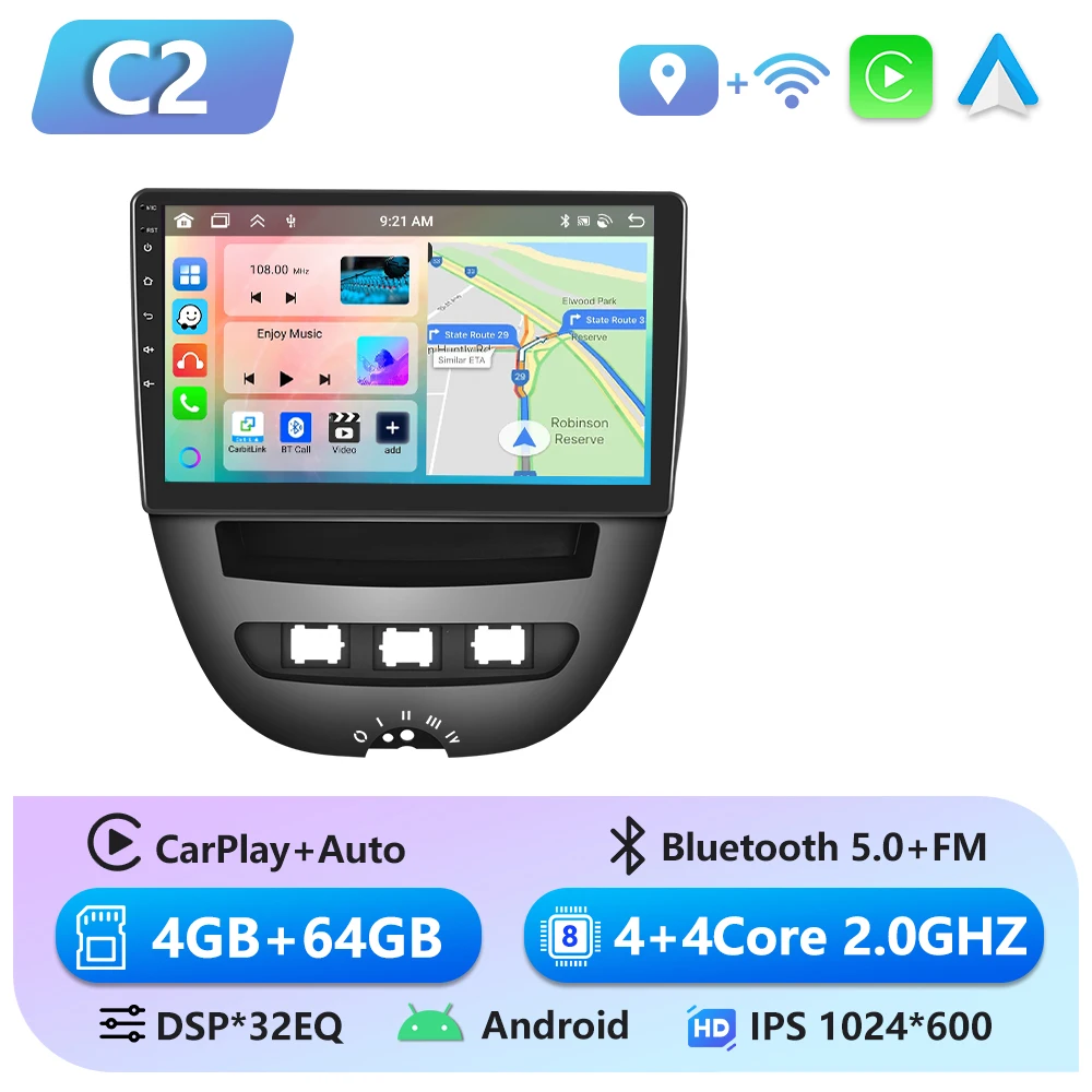 Podofo 6 + 128G Autoradio Voor Peugeot 107 Toyota Aygo Citroen C1 2004 - 2014 Draadloze CarPlay Android Auto GPS Multimedia Speler
