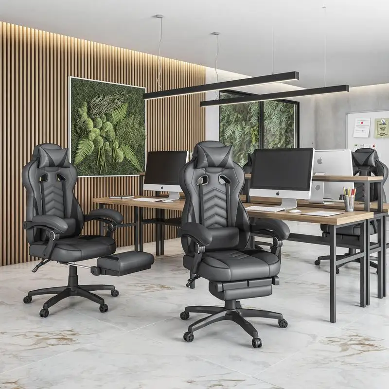 Gaming Racing Style Reclining Office Chair with Footrest, Black & Grey Design