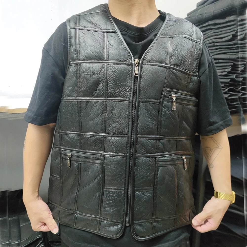 2025 Thick Motorcycle Vest Multi Pocket Zipper Real Sheepskin Genuine Leather Vest Men Black Waistcoat Male Sleeveless Jacket