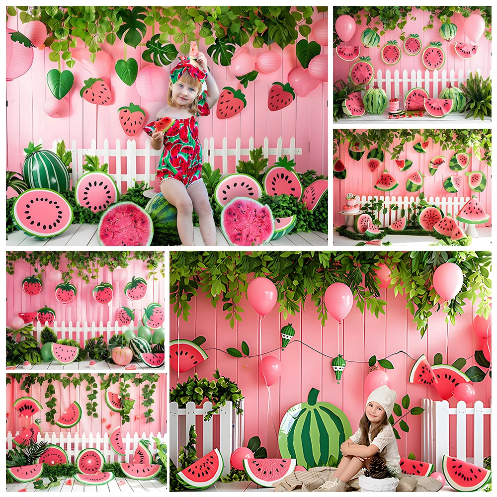 Summer Fruit Watermelon Photography Background Pink Wall Green Leave Baby Photo Backdrop Photo Studio Props Birthday Party Decor