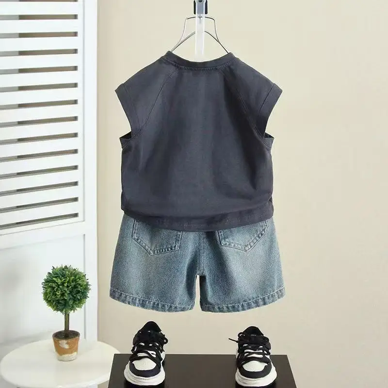 Fashion Boys Summer Clothes Letter Sleeveless Shirt Jeans Short 2 PCS New Kids Fashion Boutique Set Children Casual Sport Outfit