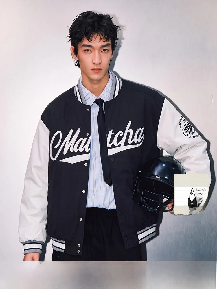 Matcha Story Couple's Loose Fit Cotton Puffer Jacket Baseball Style Autumn Winter Men's Clothing Polyester Fiber Casual Wear