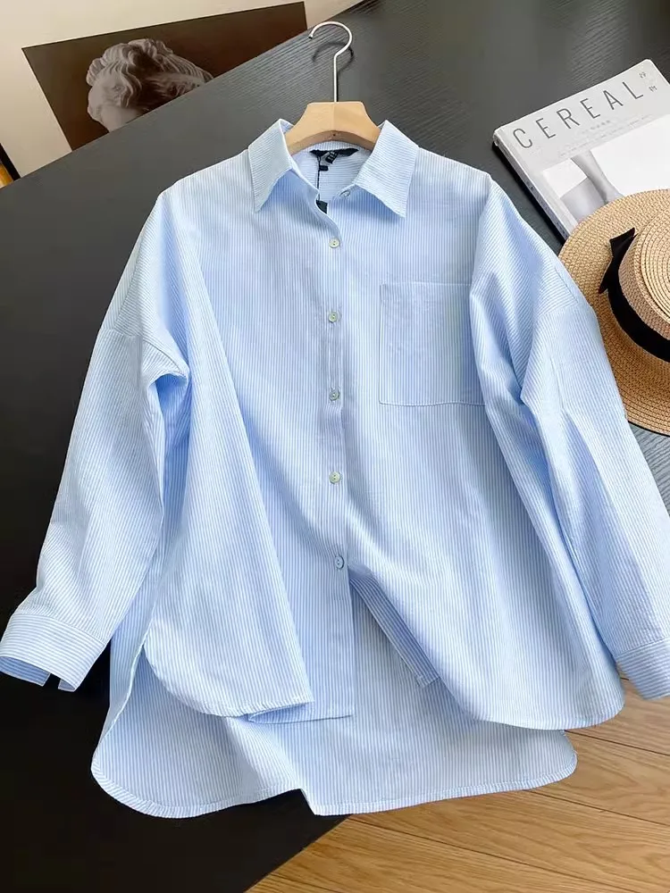 Loose Lazy Style Long Sleeve Shirt Clean Blue White Stripes New 2023 Collar Single Button Women's Fashion Business Casual