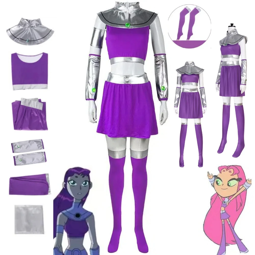 

Purple Mini Skirt Stockings Set Anime Teen Titans Starfire Cosplay Costume Starfire Cos Outfit Halloween Stage Role Play Suit