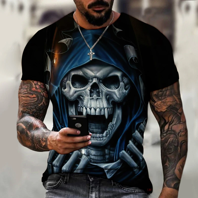 New Horror Series Skull Head 2022 Brand Men's Clothing 3D Printing O-neck T-shirt Street Fashion Fashion Loose Oversize