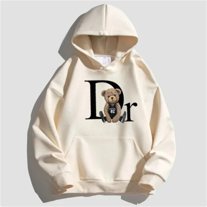 Sudadera con capucha unisex con estampado de oso y letras, jersey informal, moda natalícia, ropa de calle holgada, skate, monocromático, novo, outono, 386