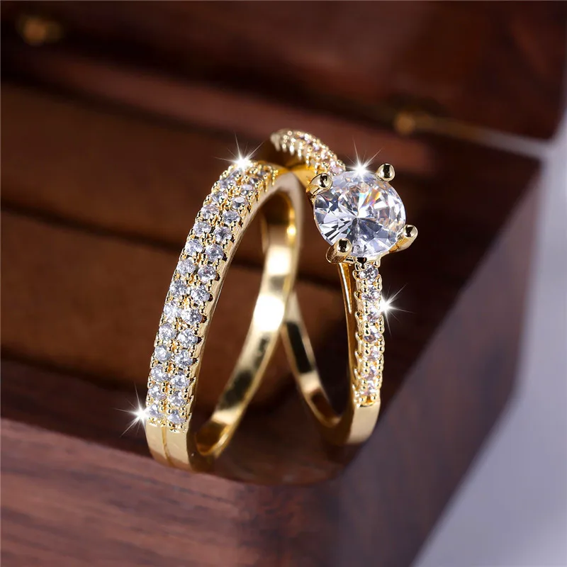 Female Crystal Rose Red Zircon Stone Round Engagement Ring Set Luxury Yellow Gold Color Wedding Jewelry For Women