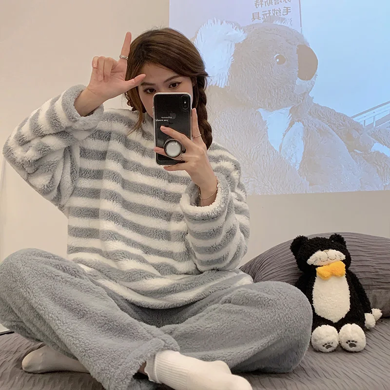 Stripe jacquard flannel girls' pajamas round neck pullover coral velvet pajamas women's thickened warm and lovely home clothes