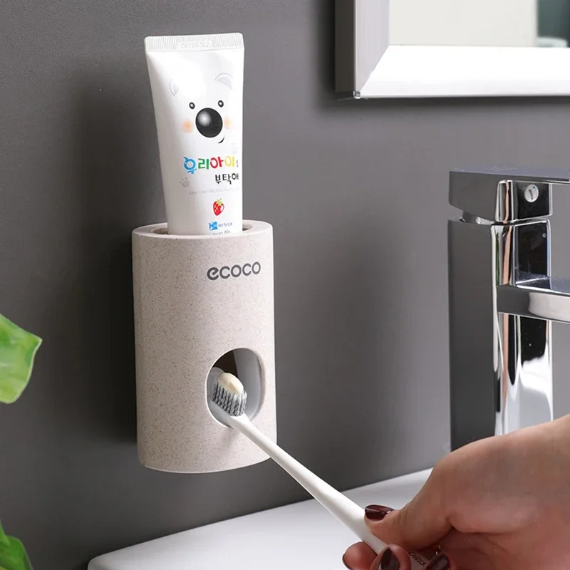 ECOCO Wheat-colored Automatic Toothpaste Dispenser Holder Bathroom Accessories Set Toothbrush Holder Toothbrush Wall Mount Rack