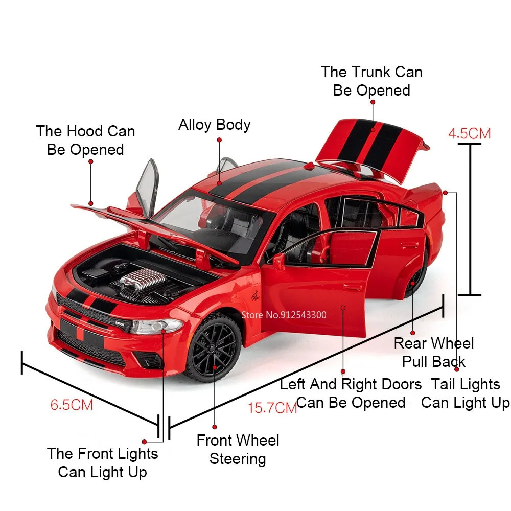 1:32 Maßstab Hellcat Charger Sportwagen-Modell Spielzeug mit Stoßdämpfung, Musik und Licht Supercar-Modelle aus Legierung Druckguss-Spielzeuge Sammlerstück – Detail 15