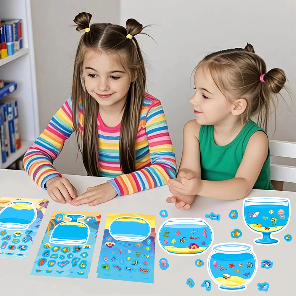 

8/16sheets Funny Fish Tank Make a Puzzle Stickers Creative Cartoon Sea World Decoration Decals DIY Laptop Phone Sticker Kid Gift