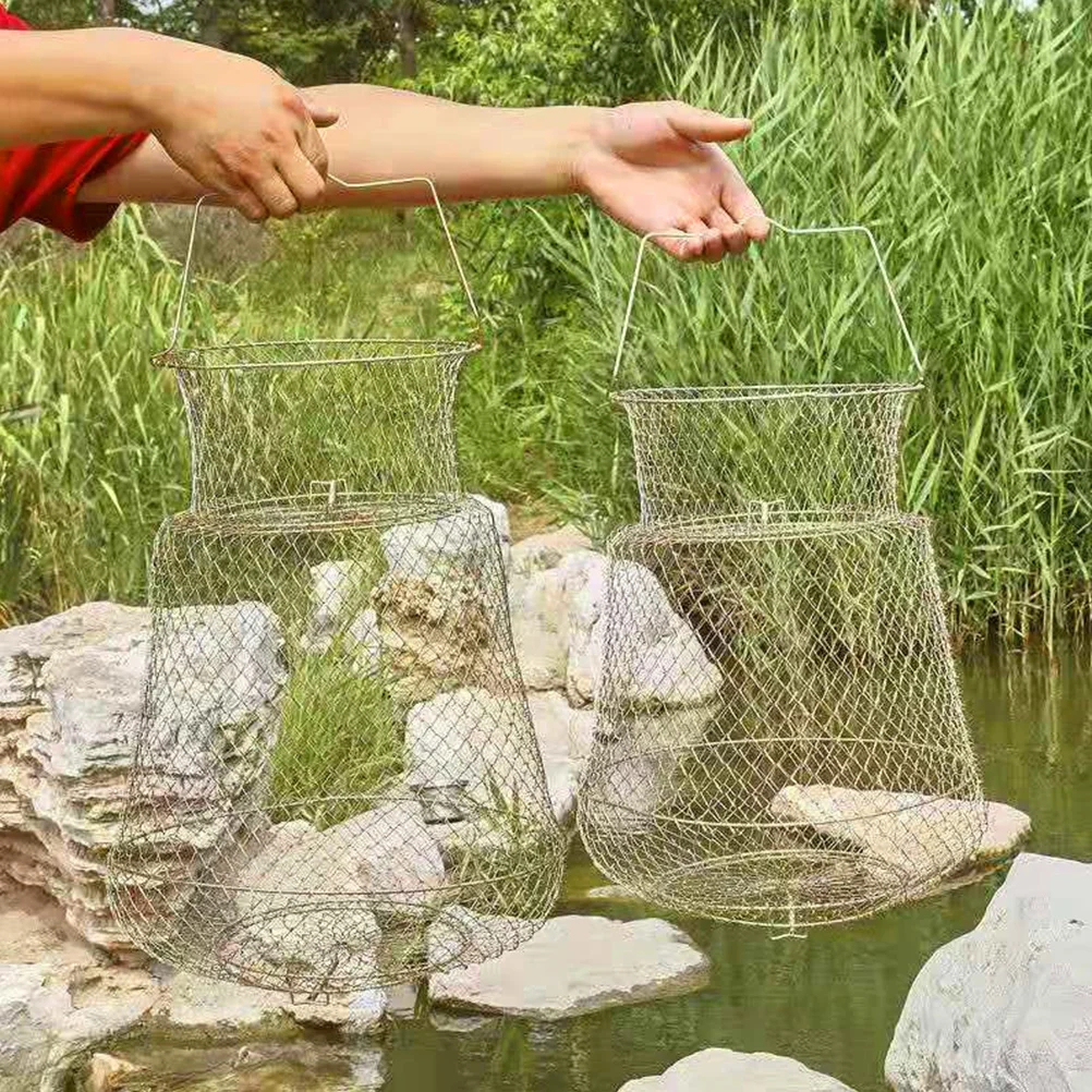 Portable Metal Fish Pole Child Cast Nets for Fishing Guard Basket Iron Mesh Cage Supplies