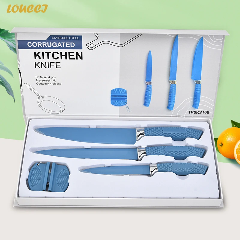 

Angle Blue Kitchen Knife Sets Chef Slicing Utility Knife and Knife Sharpener with Gift Box Stainless Steel Kitchen Knives Set