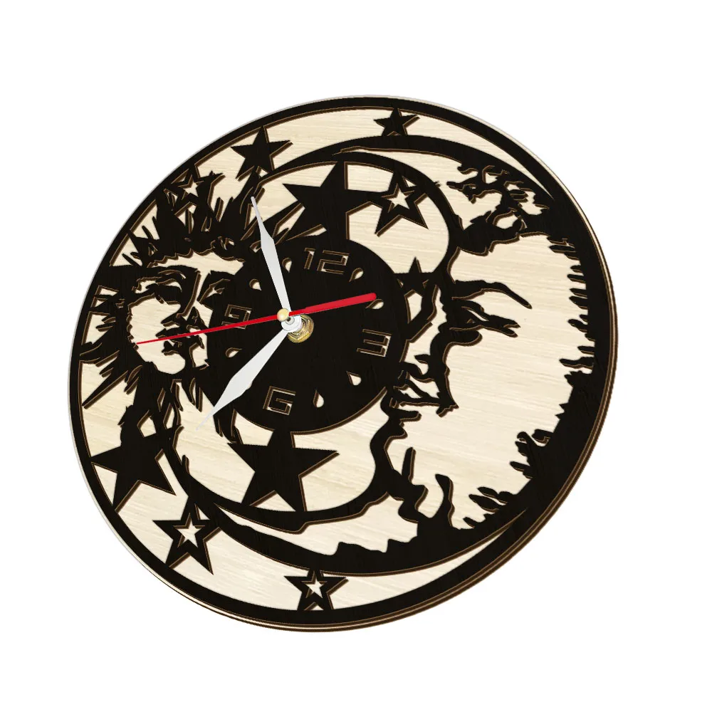 Mosaic Art Sun And Moon Black Wooden Wall Clock Laser Cut Two Layer Wood Wall Watch Farmhouse Home Decor Astrology Artwork Clock