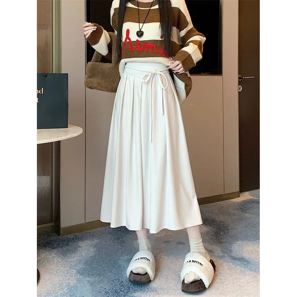 

All-Match Pleated Skirts Women Autumn Winter High Waist A-Line Folds Skirts Female Korean Fashion with Belt Midi Skirts
