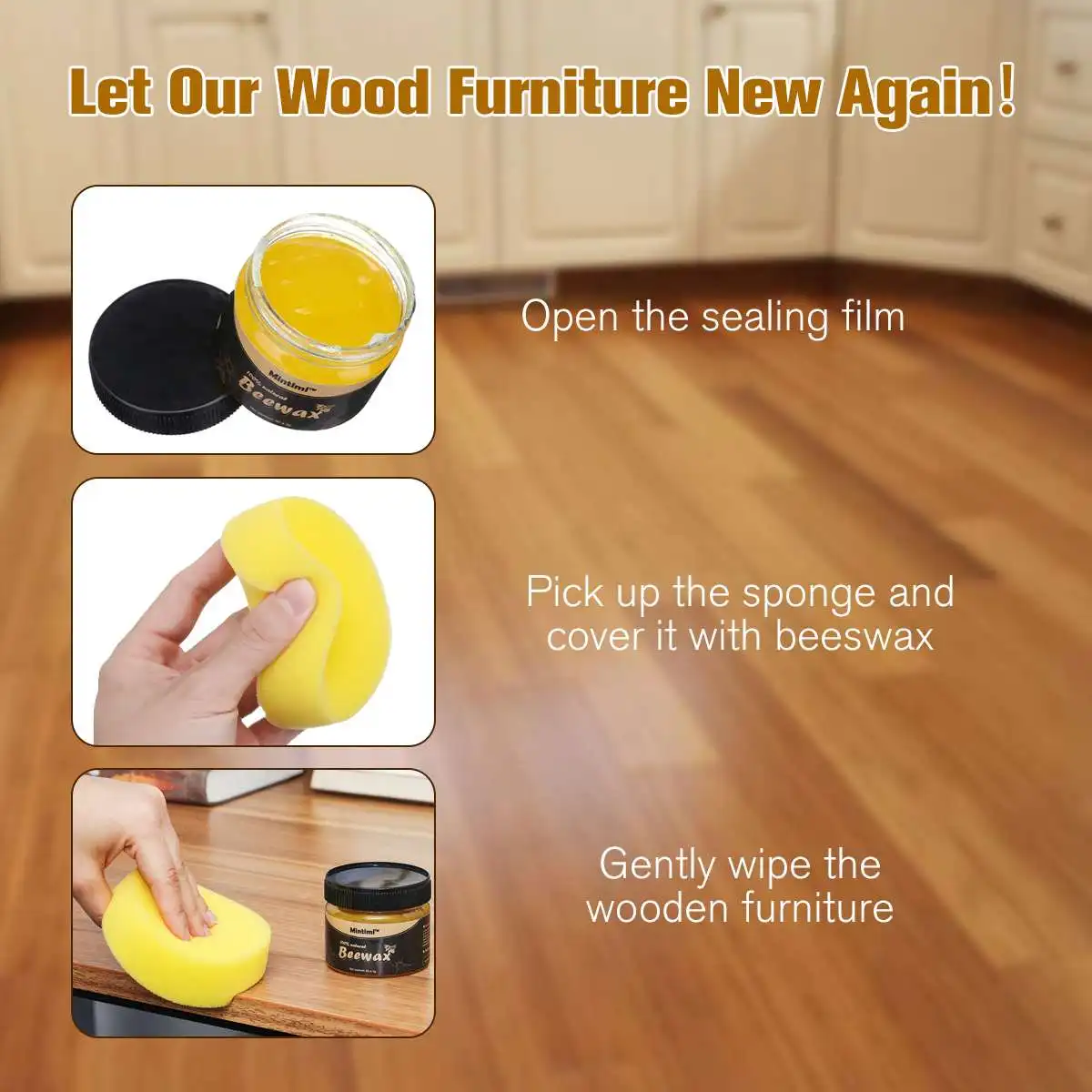Cera de abeja para el cuidado de la madera, pulidor de madera maciza para muebles, con esponja, 85G