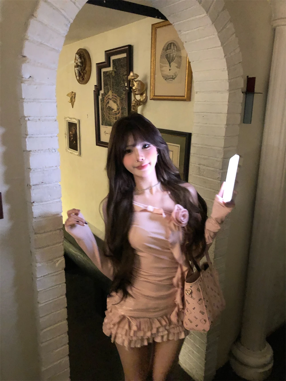 

Spring Sweet And Spicy Girl Set Pink Cake Skirt Long Sve T-irt oulder Baring 3D Flower Women's Faion Ensemble