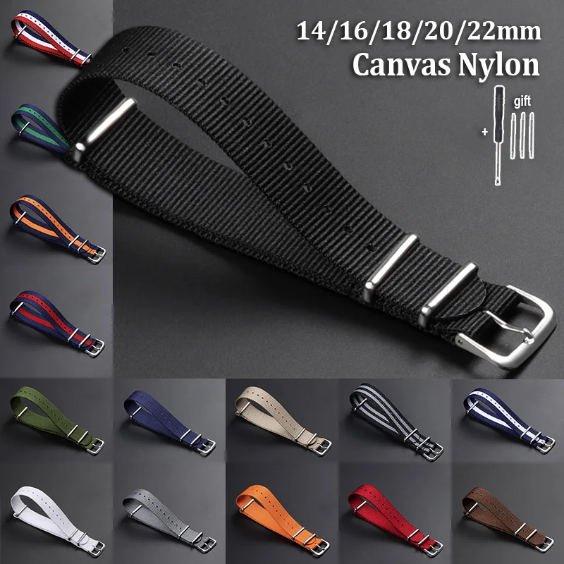 

14mm 16mm 18mm 20mm 22mm Single Pass Nylon Braided Watch Band Canvas Fabric Watch Strap Wristbelt Men Women Army Sports Bracelet