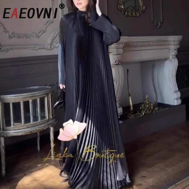 EAEOVNI 2025 Spring New Miyake Pleated Dress Women's Black Loose Elegant Party Long Dresses Fashion Female Clothing