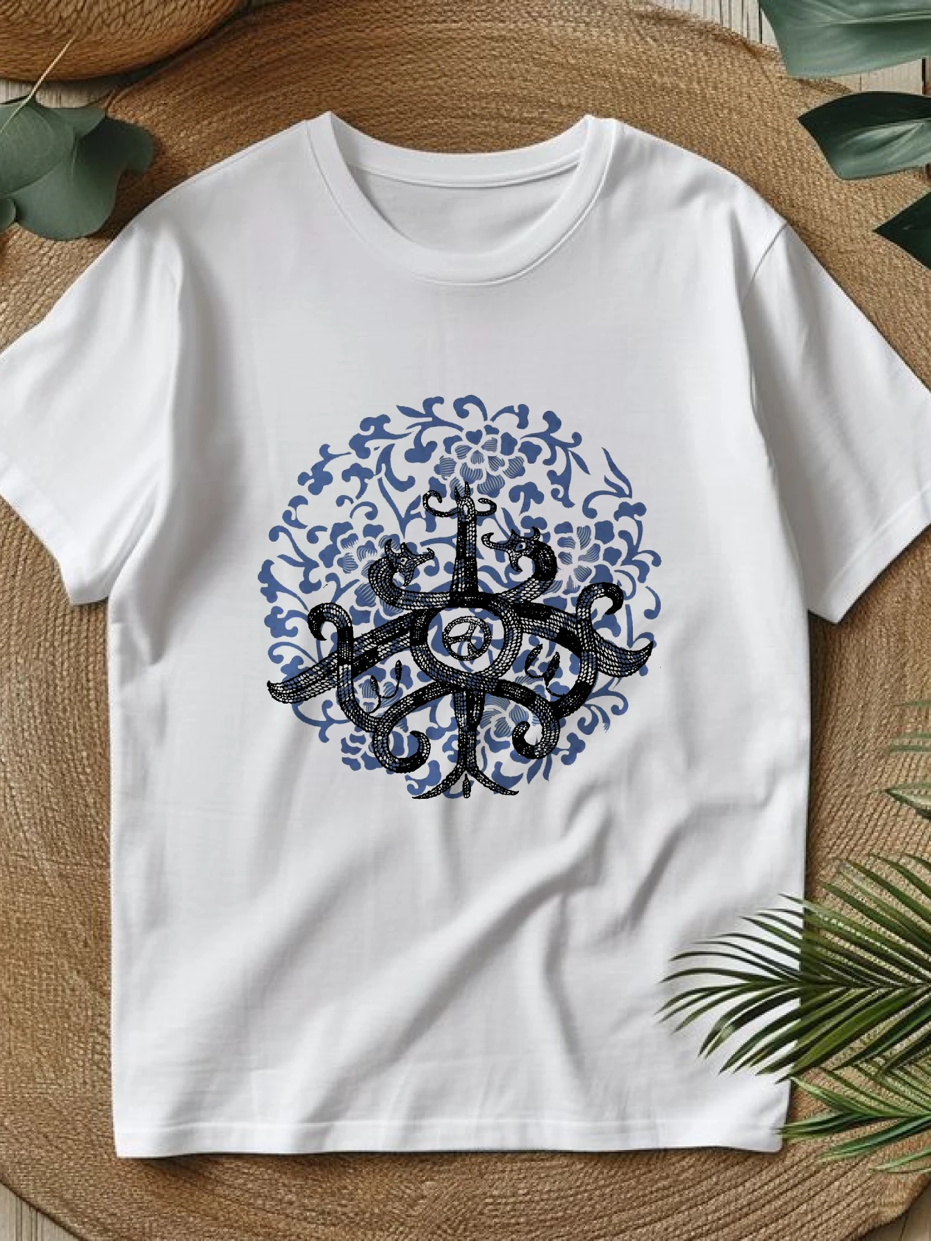 

Women's T-shirts Chinese style Y2k Crewneck Streetwear Casual 100% cotton Blue Floral Black Design printed tee graphic t shir
