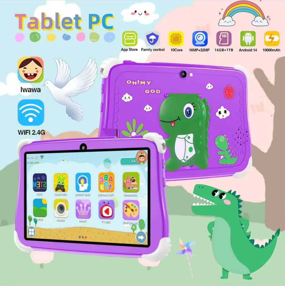 

2025 Kids Dinosaur Tablet 10.1inch 16GB RAM 1TB ROM Bluetooth5.0 5G GPS WiFi Android14 Toys Gift Student Learning Eye Protection