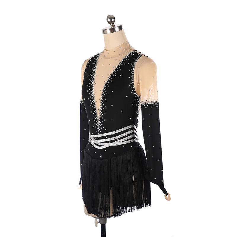 Nasinaya Women's Children's Figure Skating Dress Competition Performing Rhythmic Gymnastics Dance V-Neck Black Tassel