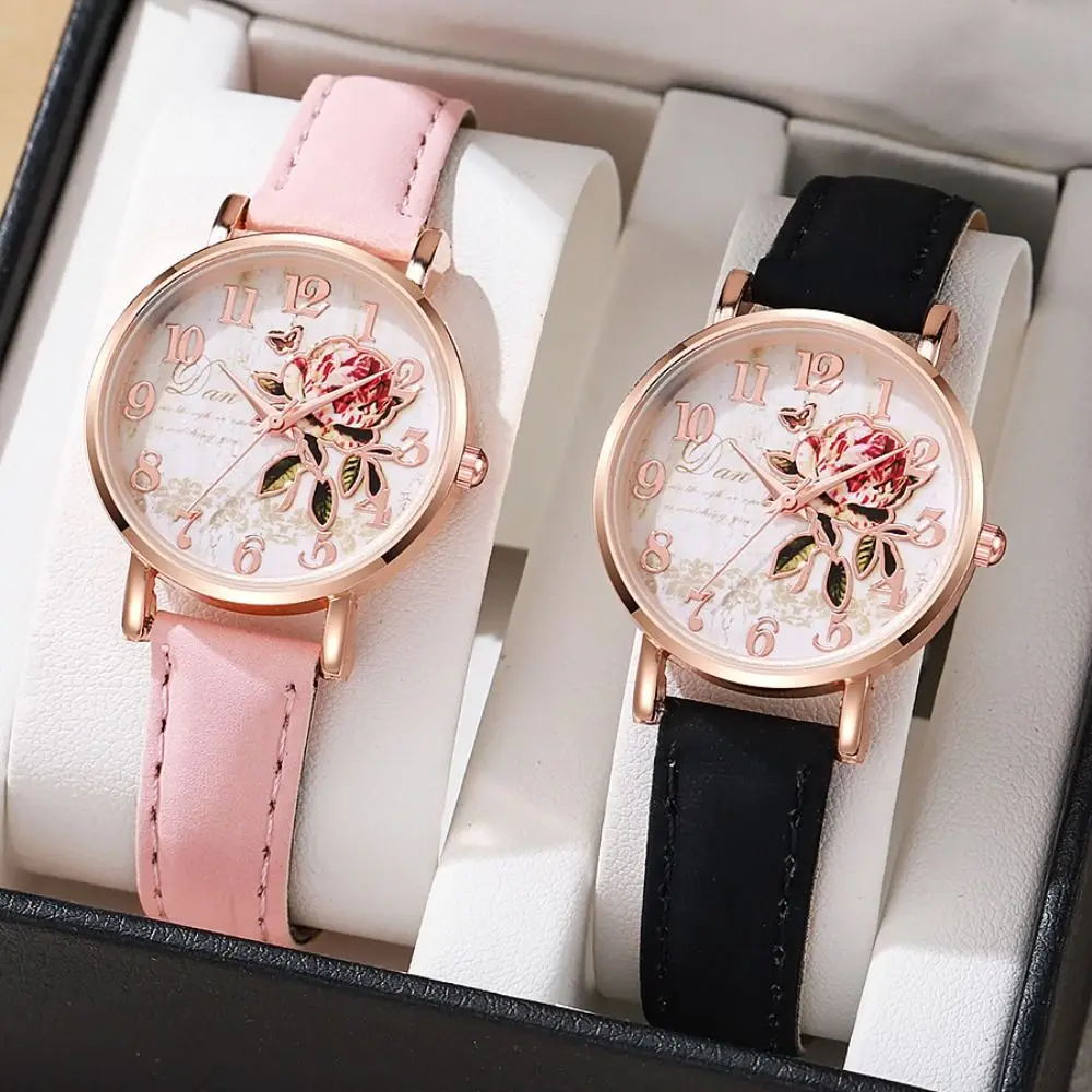 Durable Boho Style Wrist Watches Rainbow Color PU Quartz Watch Rose Gold Tone Adjustable Strap Floral Wristwatch Daily Wear