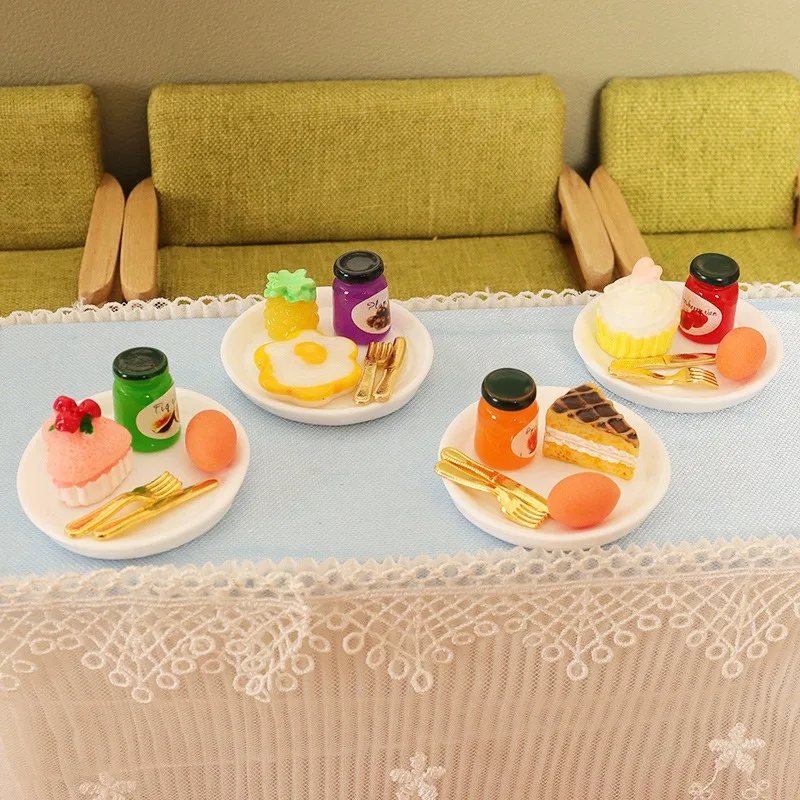 6pcs Dollhouse Dessert Cake Snacks Tea Jam Knife Fork Dinner Plate Snack Toys Simulation Miniature Models Home Decor Decoration