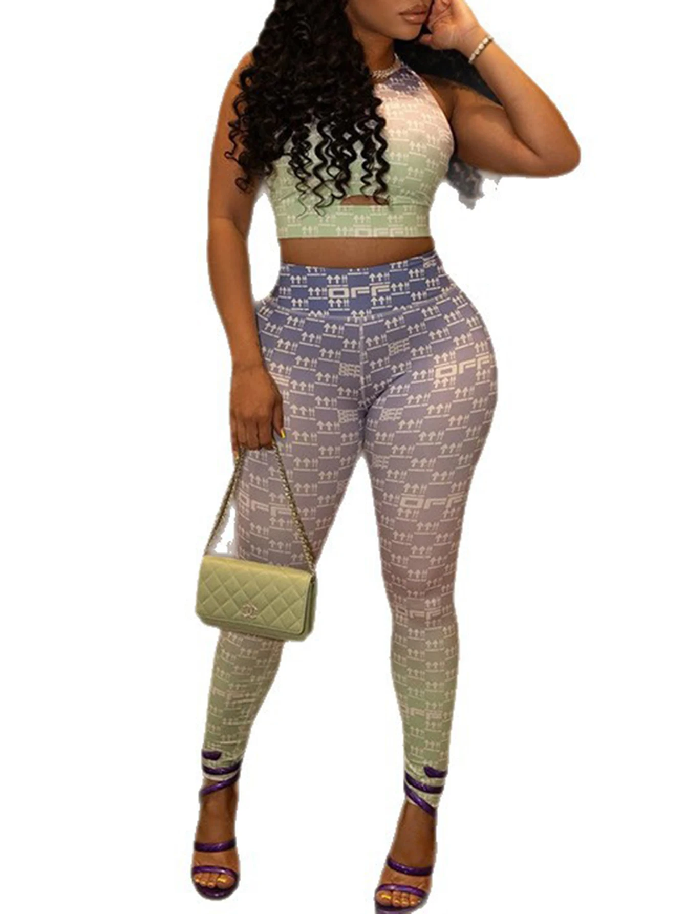 Women's Fashion Autumn Sets Sleeveless round Neck Tanks And Ankle High Waist Pencil Pants Full Print Jogging Outfit