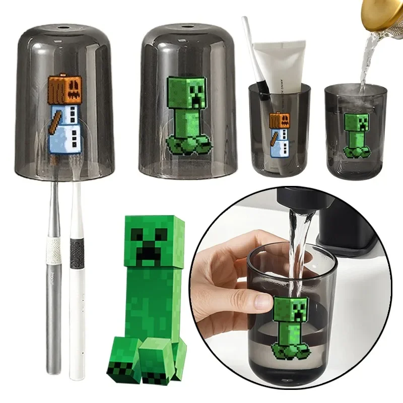 Minecraft-vasos de agua Creeper para niños, taza para enjuague bucal, taza para dientes de baño, taza de cepillo de dientes de plástico de Anime con soportes, accesorios