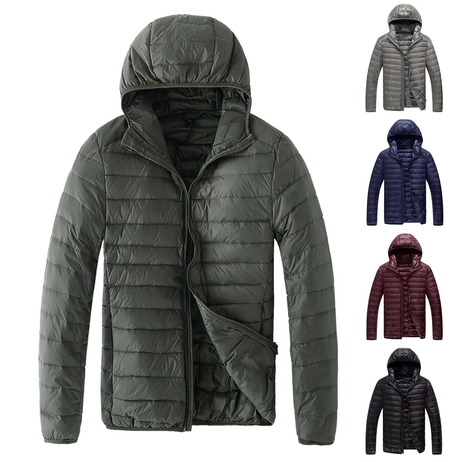 Men\'s Autumn And Winter Casual Solid Hooded Down Lightweight Warm Outwear Zipper Coat Large Durable 1 PC Men Coat