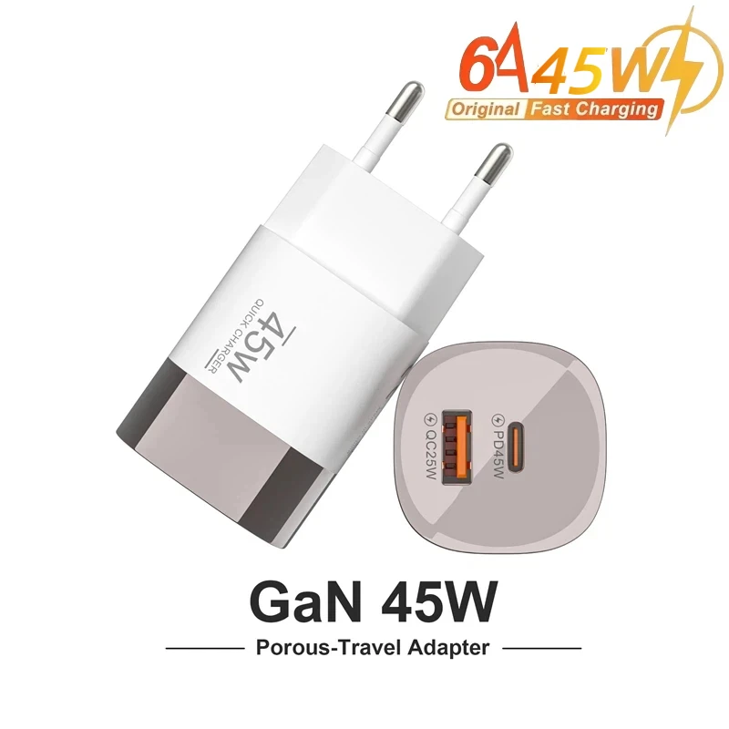 

45 Вт Тип C GaN Дорожное зарядное устройство Портативное зарядное устройство USB C PD Быстрая зарядка для iPhone 16 15 14 13 Pro Max Xiaomi Galaxy S24 Ultra New