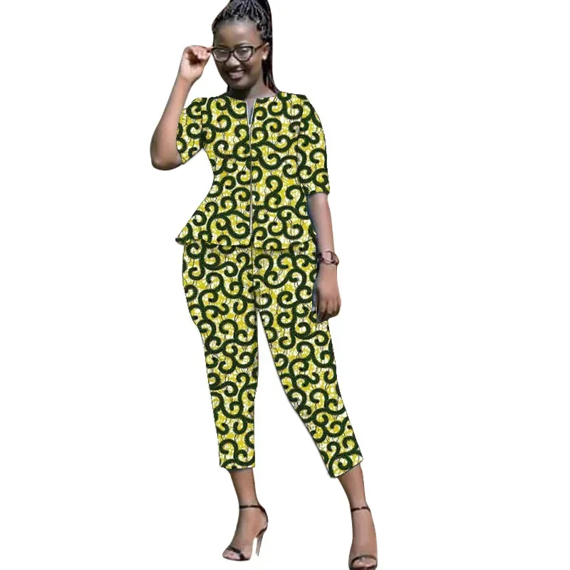 

African Clothes Two Pieces Set Threee Quarter Sleeve Outwear Women Shirt Dress and Long Pants with Pocket Plus Size 4XL