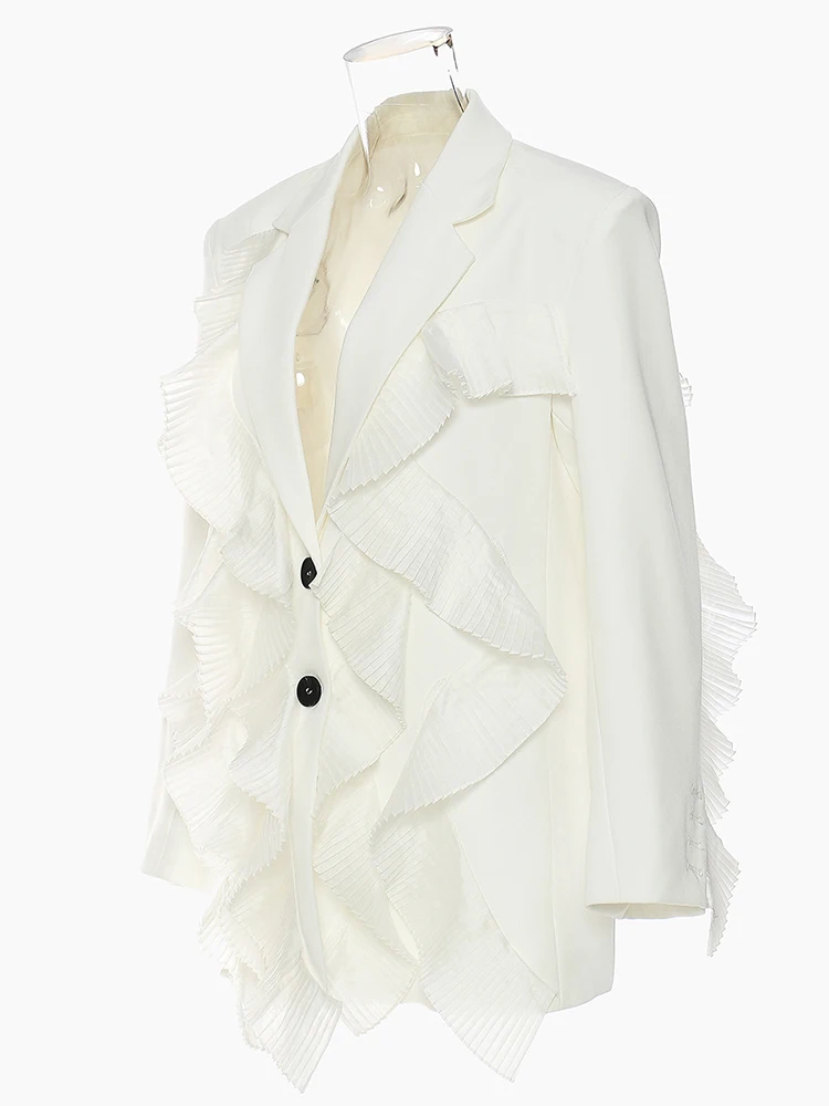 YERMORA White Spliced Mesh Pleated Elegant Blazer For Women Lapel Long Sleeve Fashion Tide Jacket Spring Autumn 2025 New A143