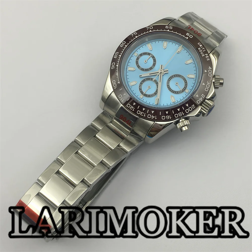 Larimoker 39mm relógio cronógrafo prata aço inoxidável para homem vk63 movimento de quartzo cristal safira mostrador azul