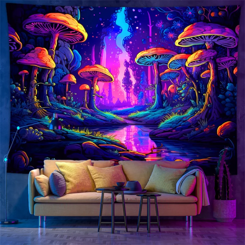 VIKAMA Schwarzlicht Psychedelischer Quallen-Lebensbaum Wandteppich UV-Reaktiv Trippy Wandbehang für Party Schlafzimmer Heim-Dekoration
