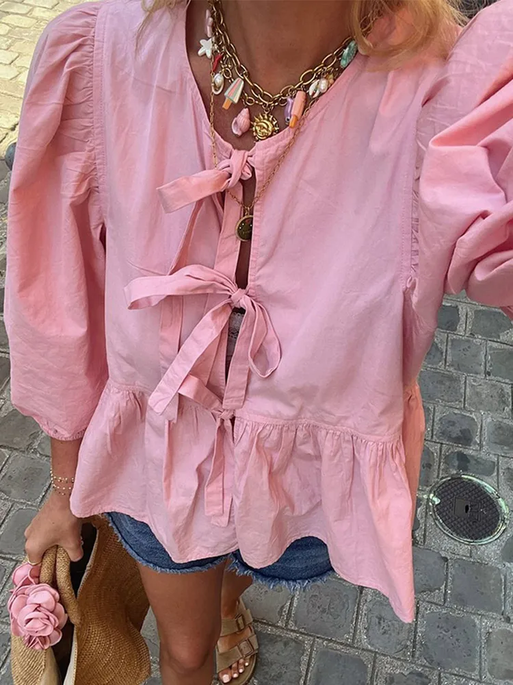 Fashion Loose Pink Puff Long Sleeve Shirt For Women Elegant O-neck Lace-up Pleated Tops Spring New Female High Street Outwear