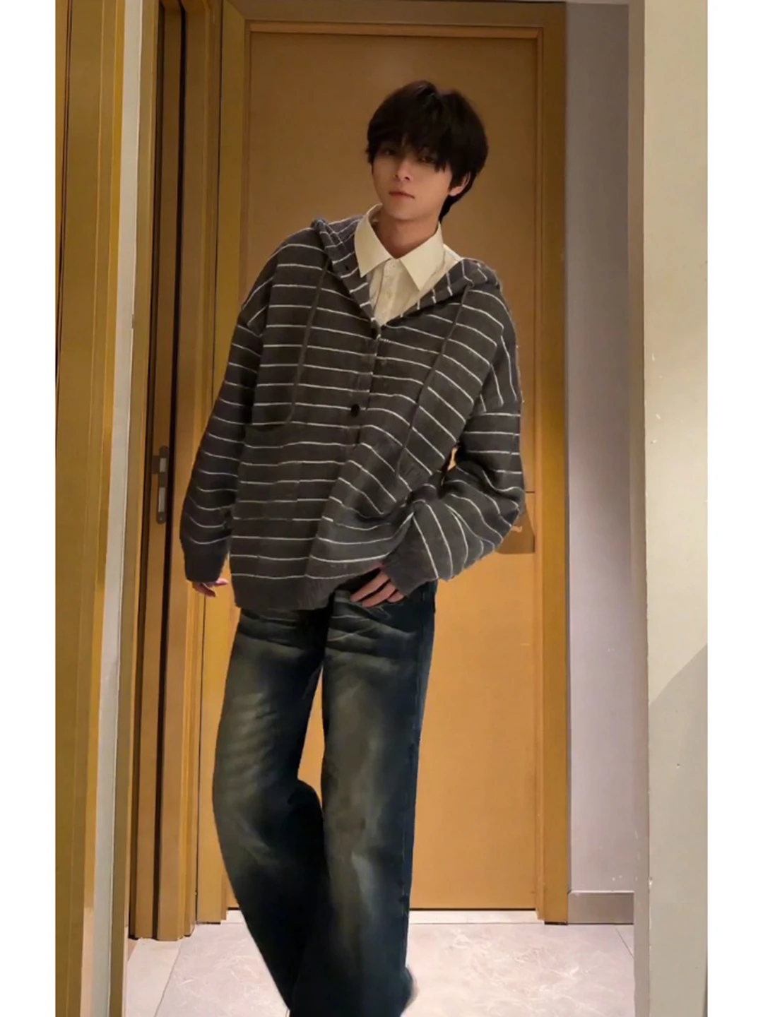 

ay Striped Open Cardigan Sweatirt Men's Autumn Winter American Retro Lazy Knitted Soft Snug Hooded Jaet Casual Wear